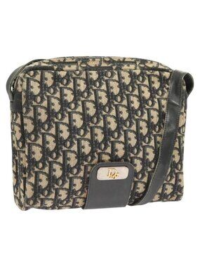 Authentic Christian Dior Trotter Canvas Shoulder Bag Navy Gold